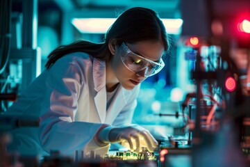 A woman wearing glasses and a white lab coat working on a microscope Generative AI - obrazy, fototapety, plakaty