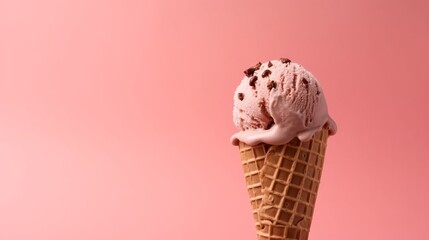 Soft chocolate ice cream in a waffle cone on a plain pink background. Cold dessert without sugar or substitutes. Copy space

