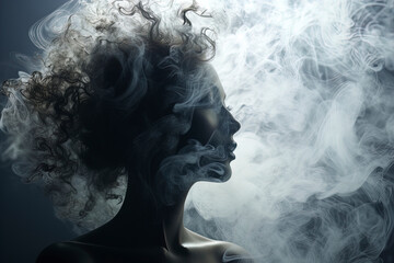 Beautiful woman's face in smoke. Woman face silhouette from smoke. Woman's face in vape smoke. Head of a beautiful woman in cigarette smoke. Vape light.