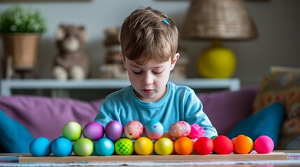 Fototapeta na wymiar A cute picture of a young child having fun while trying to arrange Easter eggs, demonstrating his inventiveness and problem-solving abilities