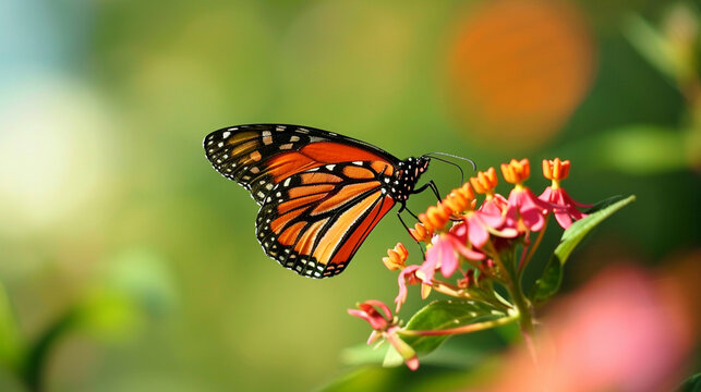 butterfly feeding on a flower. Beautiful image in nature of monarch butterfly flower. AI Generative