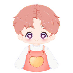 a cartoon of a young boy in heart overalls for Valentine's Day