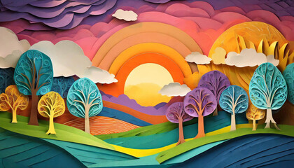 Fototapeta na wymiar landscape with trees and mountains. A beautiful paper art piece featuring trees and a sun. Nature's beauty captured in a creative masterpiece.