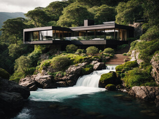 Fototapeta na wymiar Luxurious and modern matte black villa located near a cascading waterfall, surrounded by rocks and trees and the ocean. The villa exudes sophistication with its flowing lines and modern architecture.