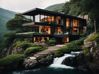 Fototapeta premium Luxurious and modern matte black villa located near a cascading waterfall, surrounded by rocks and trees and the ocean. The villa exudes sophistication with its flowing lines and modern architecture.