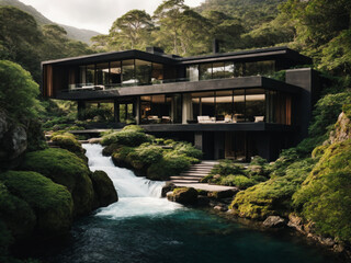 Fototapeta na wymiar Luxurious and modern matte black villa located near a cascading waterfall, surrounded by rocks and trees and the ocean. The villa exudes sophistication with its flowing lines and modern architecture.