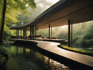 modern architectural structure built over a flowing stream, surrounded by lush greenery. The creek is calm and the water reflects the structure and surrounding trees