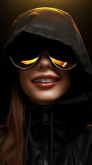 portrait of a happy young Caucasian woman in fashionable round mirror sunglasses,Mysterious in the dark with a hood