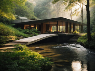 modern architectural structure built over a flowing stream, surrounded by lush greenery. The creek is calm and the water reflects the structure and surrounding trees
