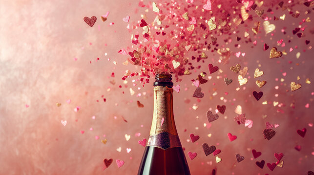 Pink hearts and confetti popping out of champagne bottle.