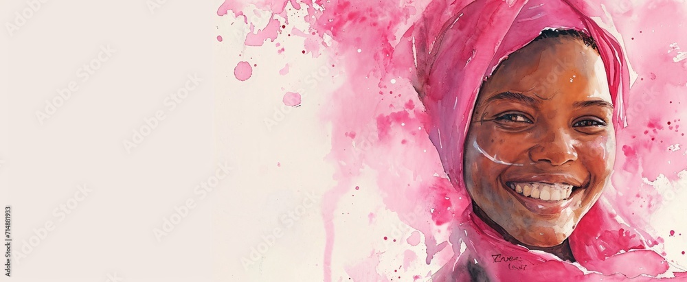 Wall mural A woman with a pink headscarf and a pink background Generative AI