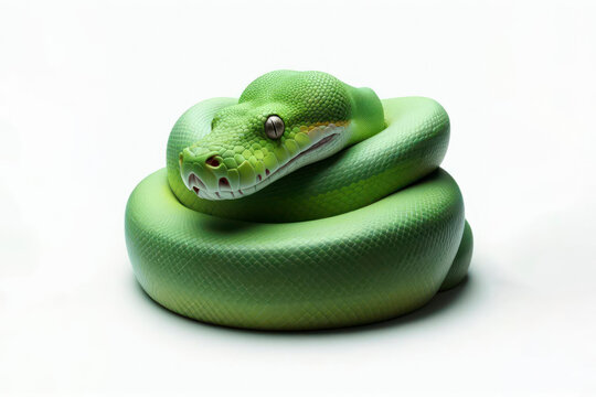 Green Tree Python snake isolated on solid white background. ai generative