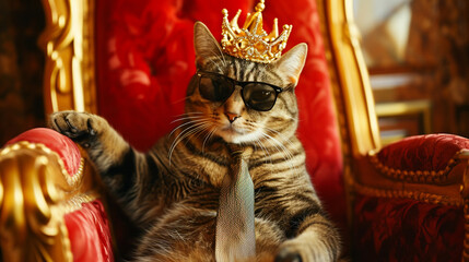 cat wearing tie with crown and sunglasses sitting on a throne. AI Generative