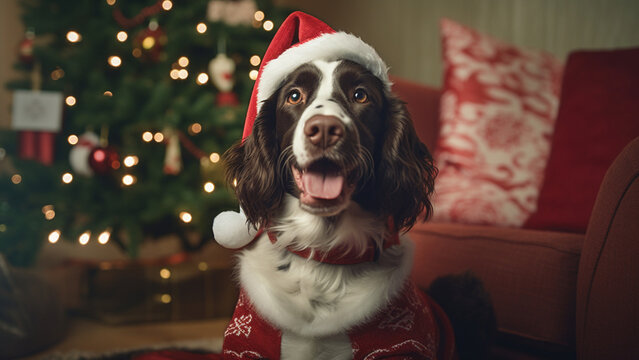 Springer Spaniel Wearing Santa Claus Costume Sitting With Christmas Tree As Background