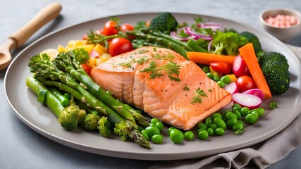 grilled steak with vegetables,Asparagus, broccoli, carrots, tomatoes, radish, green beans, and peas accompany roasted salmon steak. Fish dish served with raw vegetables