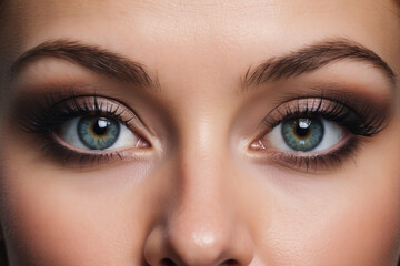 Obraz premium Iris shot with eyes and eyelashes close-up, Beautiful woman with makeup, professional advertising