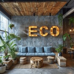 Modern living room with a large window. The room has a gray corner sofa, a wooden coffee table on the carpet and green plants in pots Concept: eco-natural elements in the interior