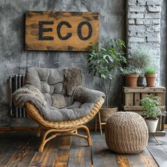 A soft gray chair with an Eko T-shirt above it. Concept: environmentally friendly furniture - obrazy, fototapety, plakaty