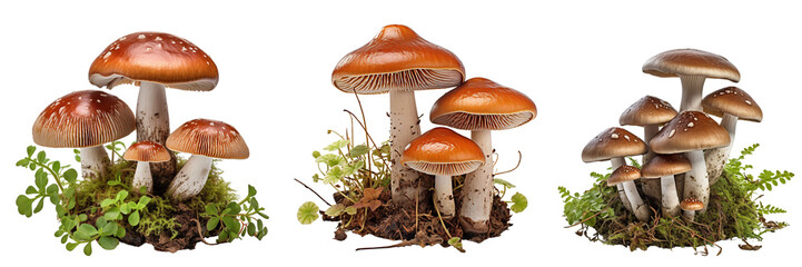 Collection of mushrooms on a moss isolated on transparent or white background