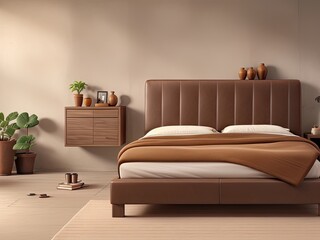 An ugly brown leather bed leaning against a concrete wall. Modern bedroom with loft interior design.