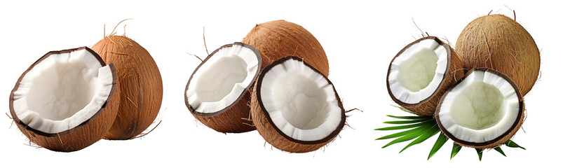 Set of coconuts isolated on transparent or white background - obrazy, fototapety, plakaty