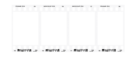 Camera transparent film strip mockup, isolated on white background template frame, real high-res 35mm photo scan analogue sheet negative