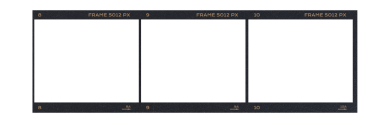 Camera transparent film strip mockup, isolated on white background template frame, real high-res 35mm photo scan analogue sheet negative