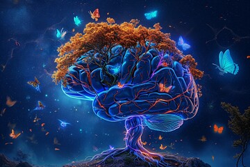 A vibrant tree with a blue brain and butterflies Generative AI