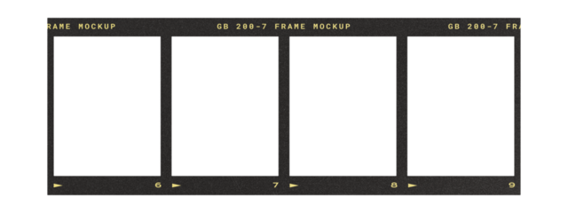 Camera transparent film strip mockup, isolated on white background template frame, real high-res 35mm photo scan analogue sheet negative