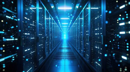Modern Data Technology Center Server Racks in Dark Room with VFX. Visualization Concept of Internet of Things, Data Flow, Digitalization of Internet Traffic. 