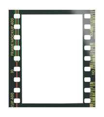 Camera transparent film strip mockup, isolated on white background template frame, real high-res 35mm photo scan analogue sheet negative