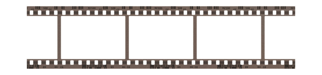 Camera transparent film strip mockup, isolated on white background template frame, real high-res 35mm photo scan analogue sheet negative