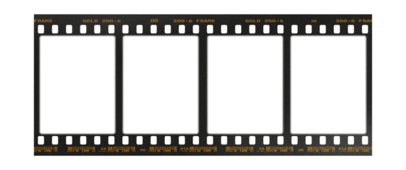 Camera transparent film strip mockup, isolated on white background template frame, real high-res 35mm photo scan analogue sheet negative