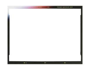 Camera transparent film strip mockup, isolated on white background template frame, real high-res 35mm photo scan analogue sheet negative