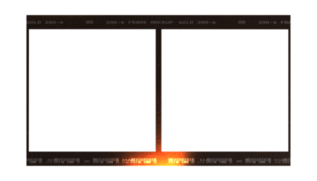 Camera transparent film strip mockup, isolated on white background template frame, real high-res 35mm photo scan analogue sheet negative