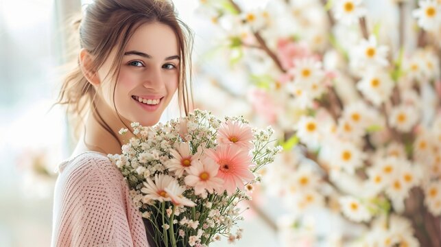 A smiling, excited girl on Easter morning carrying a bouquet of fresh spring flowers