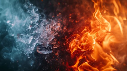 Vibrant depiction of the contrast between fire and ice wallpaper. Cold blue frozen ice, melting over hot red fire.