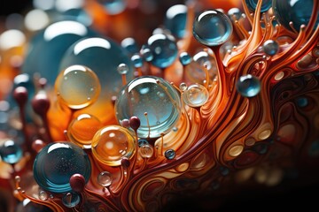 A vibrant and abstract orange liquid bubble captured in close-up, radiating with colorfulness and playfulness