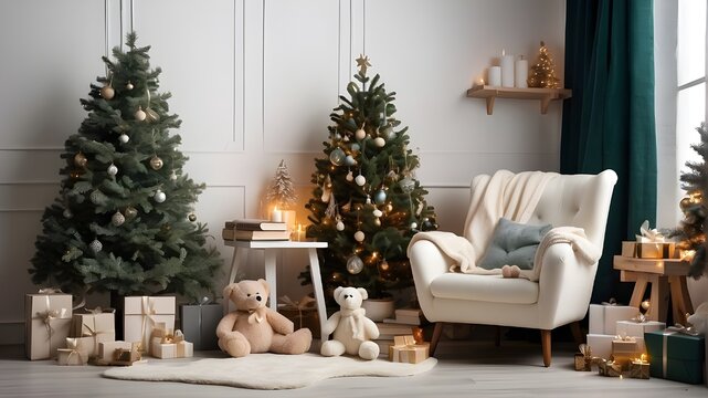 family decorating christmas tree,A Christmas and New Year's picture studio with a white wall, a comfortable chair, a plush toy, a green tree, garlands, and a glass for milk. Books, journals, and artic