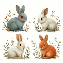 Obraz premium Clipart set of 4 simple abstract happy bunnies by Generative AI