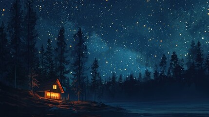 Night, cozy atmosphere under the stars in the sky, illustration for podcast.