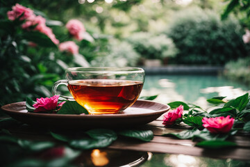 Reflective Tea Moment in a Peaceful Garden. Dried various kinds of tea and wooden tray. Brown stone background with copy space, Glass cup of green tea with leaves on wooden plate closeup