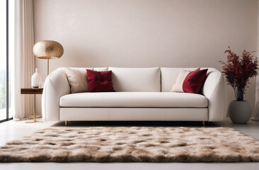 Shaggy fur rug near white tufted sofa. Minimalist luxury home interior design of modern living room in villa