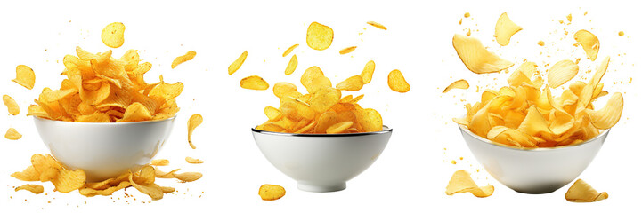 Collection of potato chips flying on bowl, isolated on transparent or white background - obrazy, fototapety, plakaty