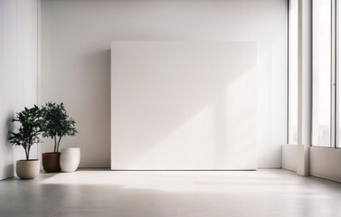 Single big clear white Canvas; Minimalistic White Wall in a Contemporary office Interior. Modern office. wooden table and blank white poster. Mockup