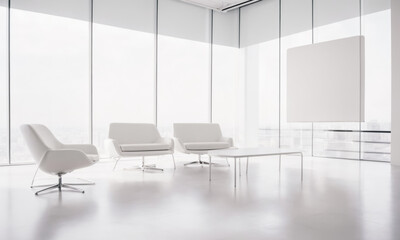 Single big clear white Canvas; Minimalistic White Wall in a Contemporary office Interior. Modern office. wooden table and blank white poster. Mockup