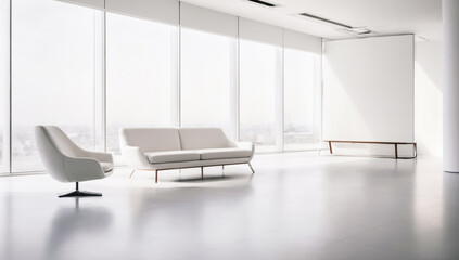 Single big clear white Canvas; Minimalistic White Wall in a Contemporary office Interior. Modern office. wooden table and blank white poster. Mockup