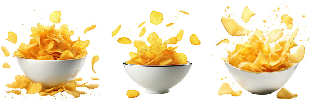 Collection of potato chips flying on bowl, isolated on transparent or white background