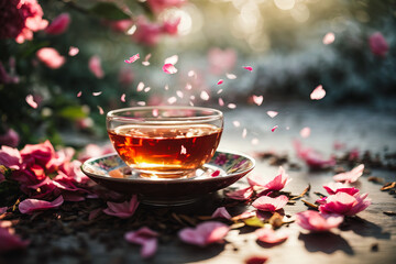 Sunlit Tea Cup Amidst Falling Petal Whispers. Glass cup of green tea with leaves on wooden plate closeup