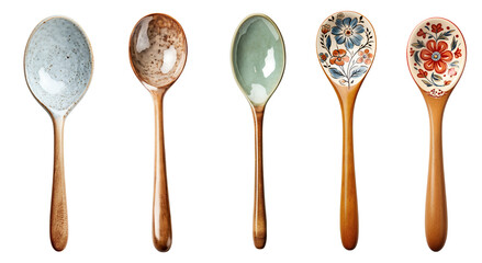 Collection of ceramics spoons isolated on transparent or white background